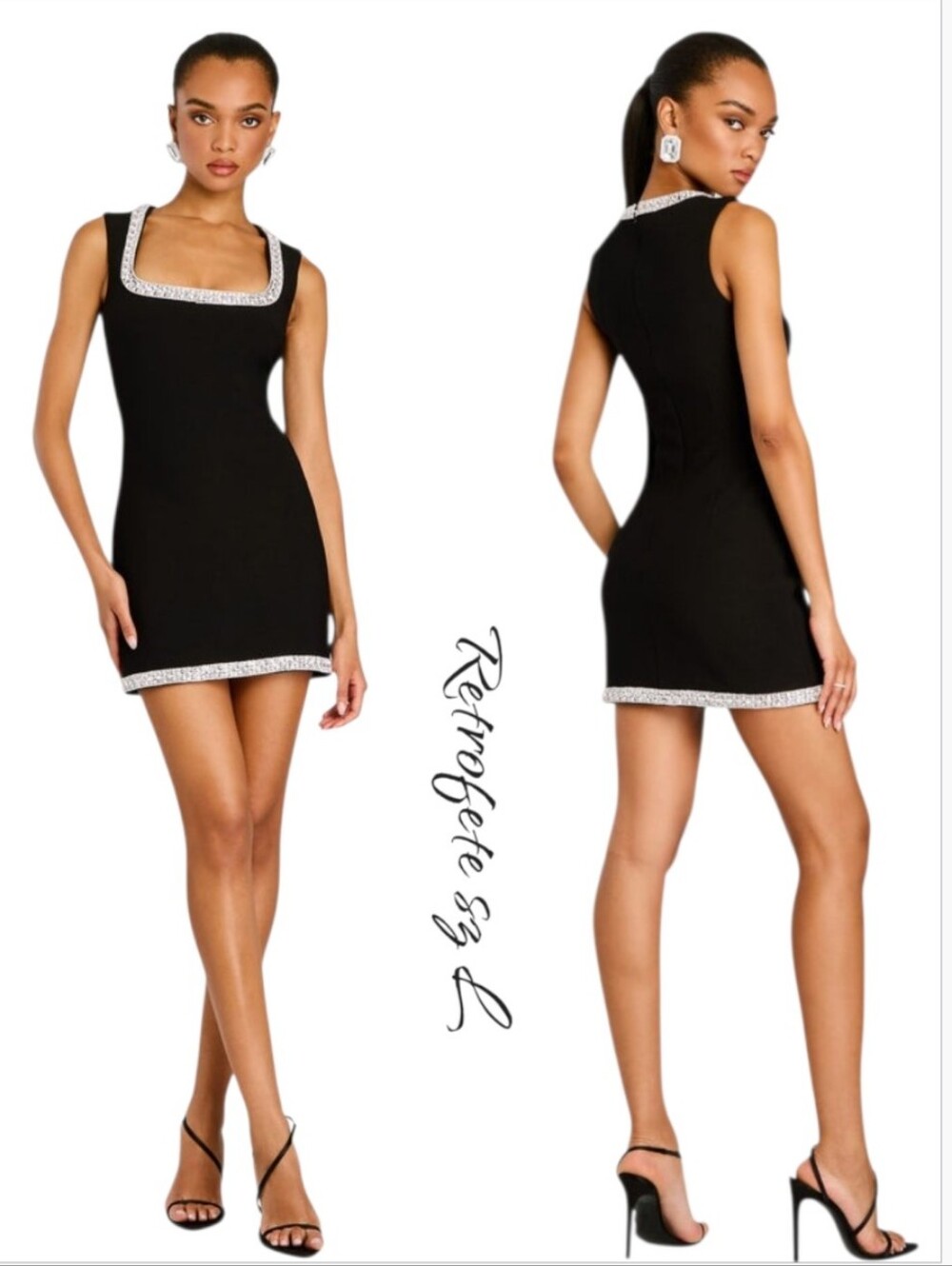 Retrofête Black Bexley Embellished Square Neck Mini Dress L NWT